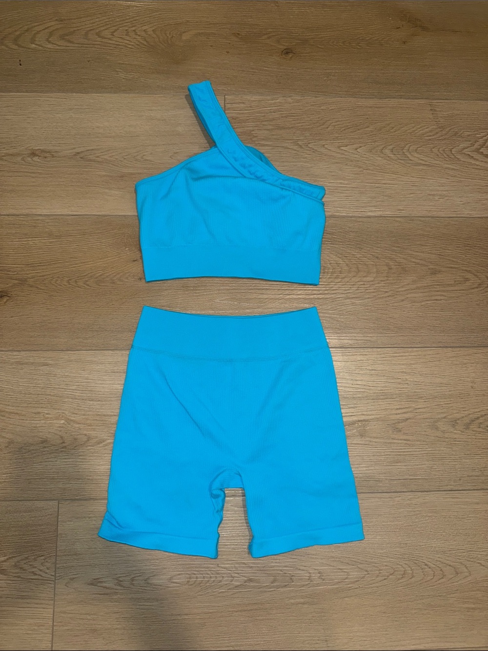 One-Shoulder Ribbed Crop Top & High-Waist Bike Shorts Set - Bright Turquoise